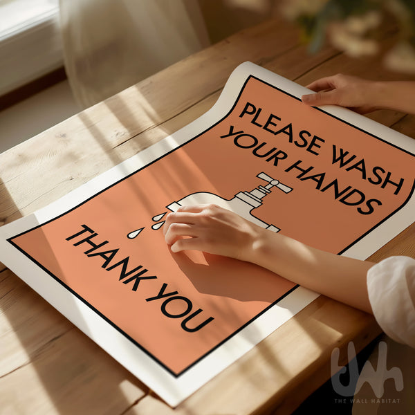 Warm orange bathroom decor with minimalist typography