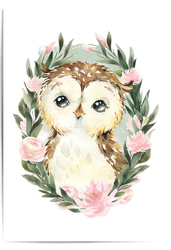 Watercolor owl nursery art print featuring a cute owl framed by pink flowers and green leaves on a sage green background