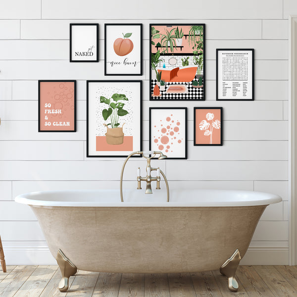 Bathroom wall art set of 8 peach botanical and funny printable designs