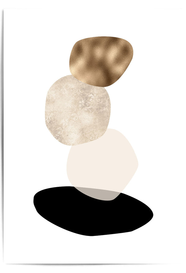 Abstract art piece with geometric shapes in gold, black, and white on a white background