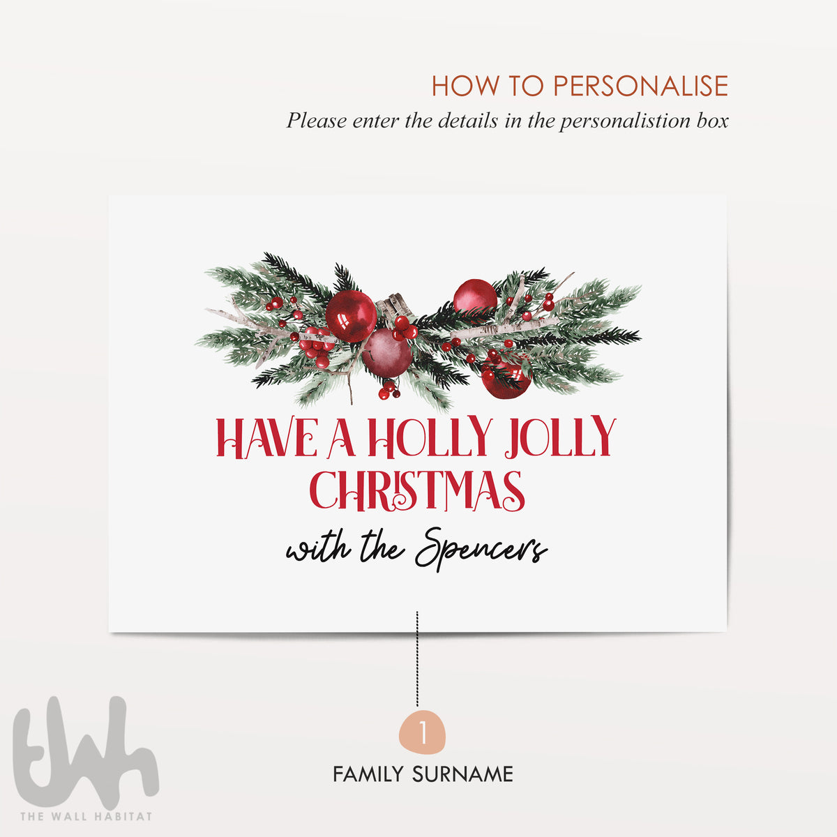 Personalised Holly Jolly Christmas Sign – Custom Family Name Holiday Wall Art – Rustic Christmas Home Decor Print