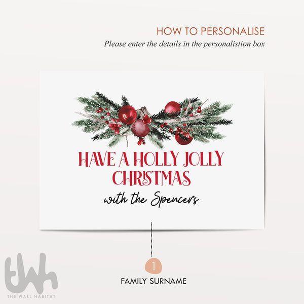 Personalised Holly Jolly Christmas Sign – Custom Family Name Holiday Wall Art – Rustic Christmas Home Decor Print