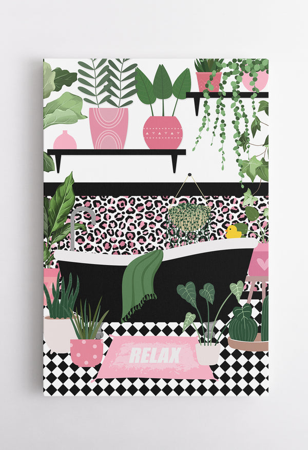 Pink and Black Bathroom Decor | Canvas Wall Art Print