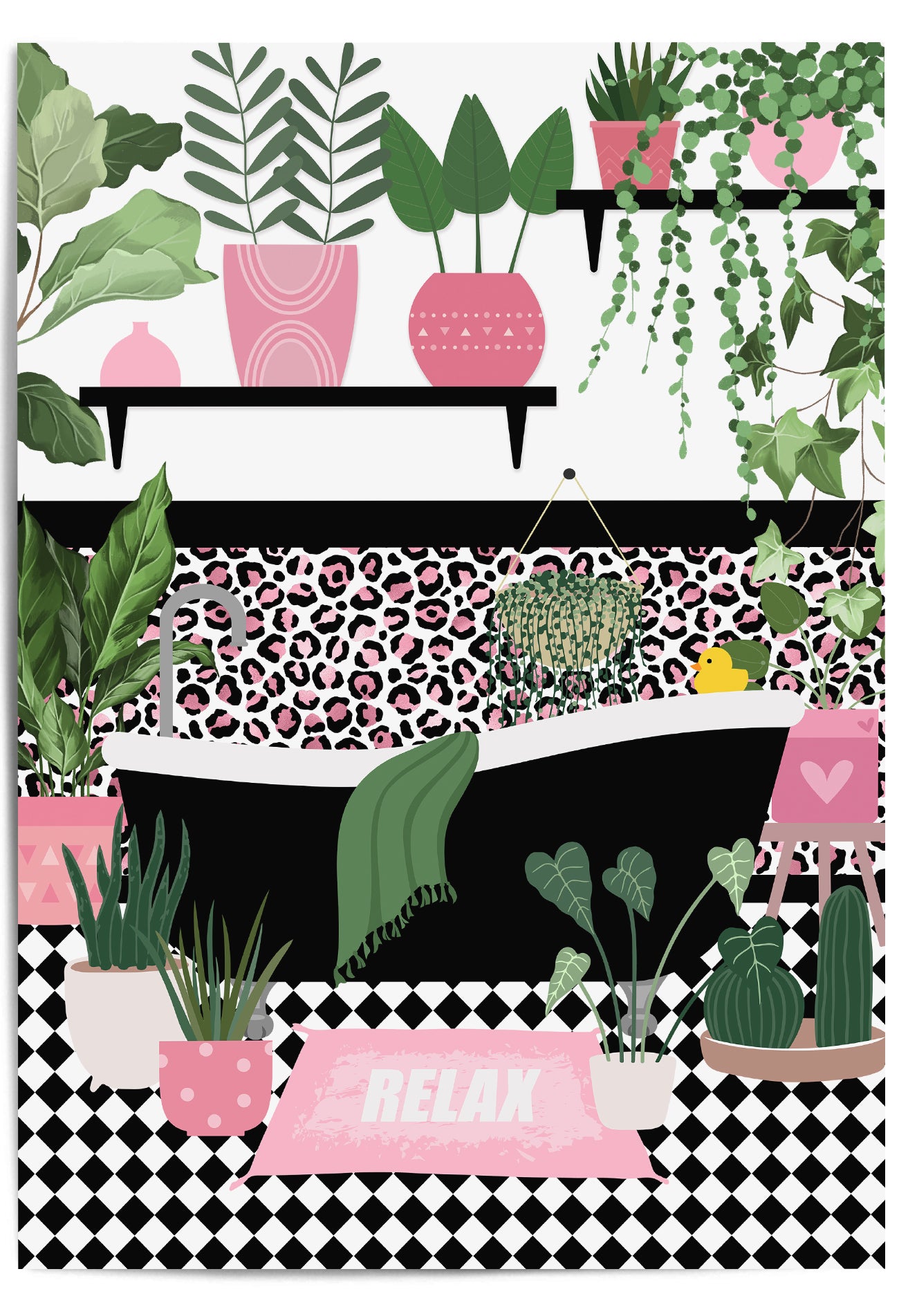 pink and black bathroom tub print