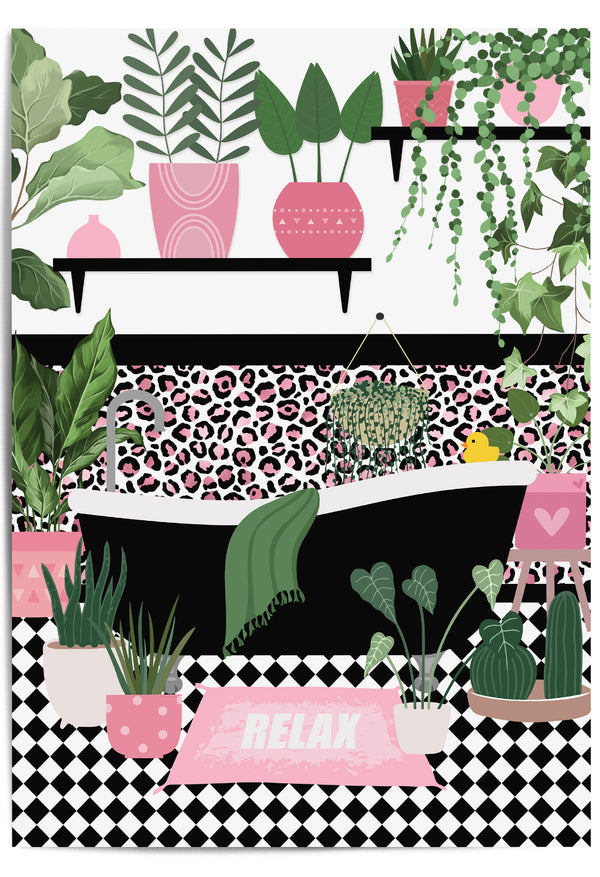 pink and black bathroom tub print