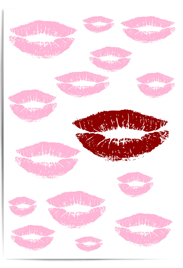 Pink lips wall art print with minimalist lipstick illustration and red accent on white background