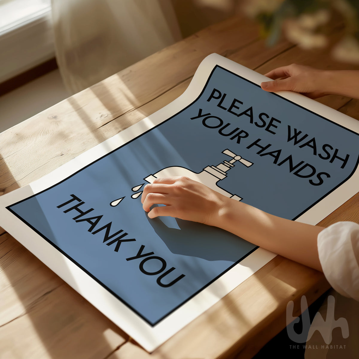 Blue washroom wall decor with tap illustration