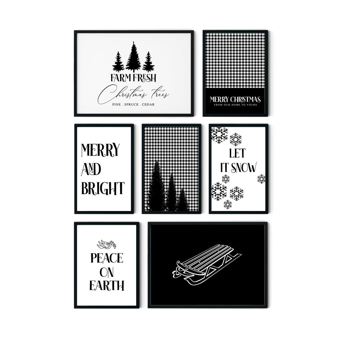 Black and white buffalo check Christmas wall art featuring Santa sleigh, Christmas tree, candy canes and festive quote prints