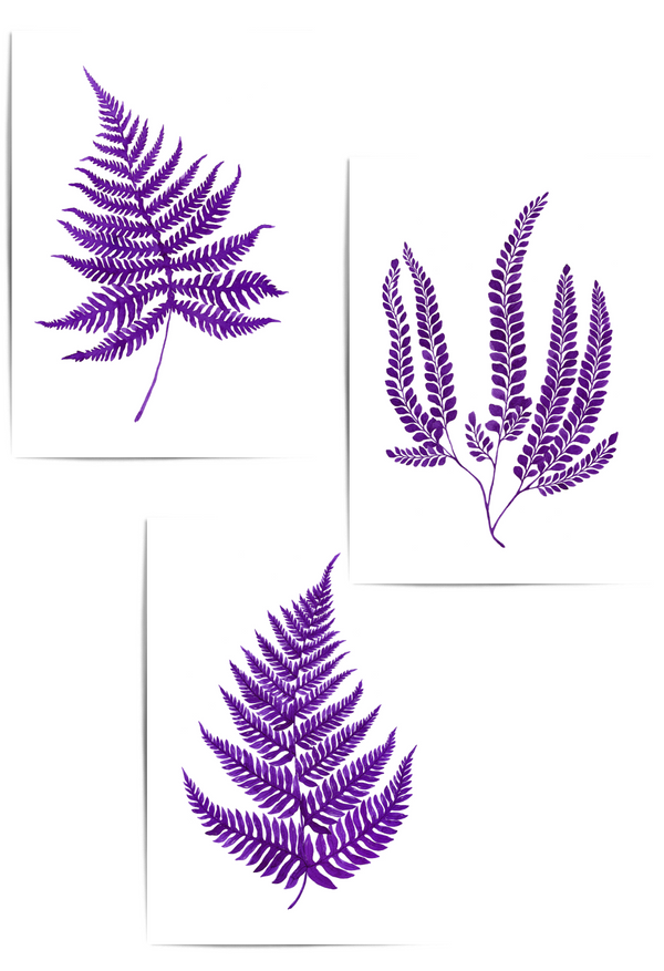 set of 3 purple fern art decor