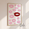 Pink lips wall art print with minimalist lipstick illustration and red accent on white background