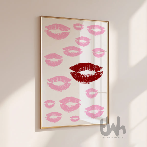 Pink lips wall art print with minimalist lipstick illustration and red accent on white background