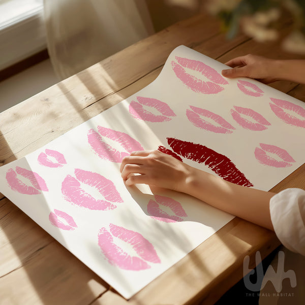 Pink lips wall art print with minimalist lipstick illustration and red accent on white background