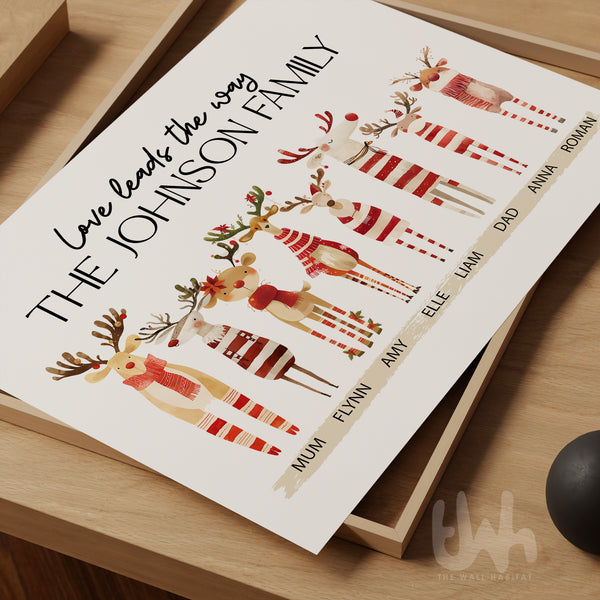 Personalised Reindeer Family Christmas Print – Custom Family Names Wall Art, Cute Reindeer Christmas Decor