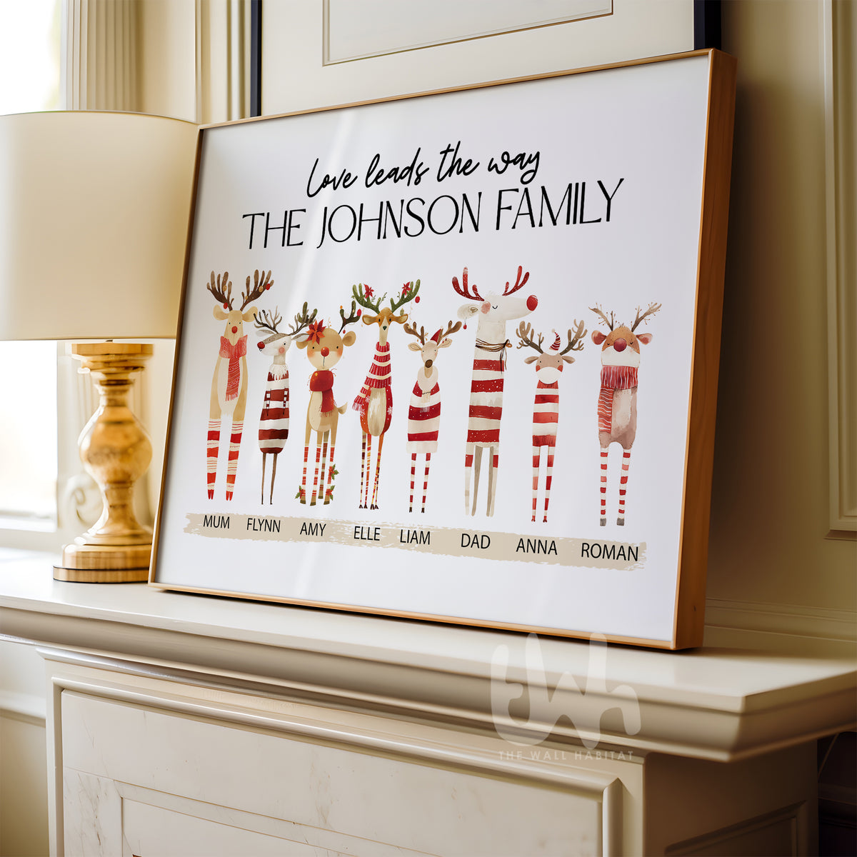 Personalised Reindeer Family Christmas Print – Custom Family Names Wall Art, Cute Reindeer Christmas Decor