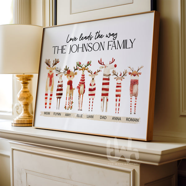 Personalised Reindeer Family Christmas Print – Custom Family Names Wall Art, Cute Reindeer Christmas Decor