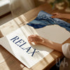 relax bathroom poster in blue and gold