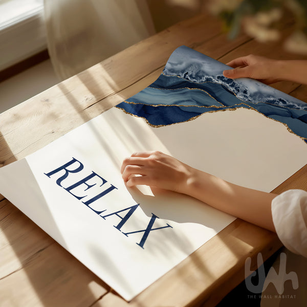 relax bathroom poster in blue and gold
