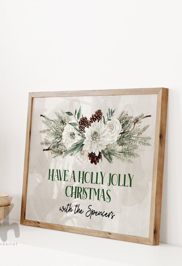 Personalised Holly Jolly Christmas Sign – Custom Family Name Christmas Wall Art – Rustic Green Farmhouse Holiday Decor Print