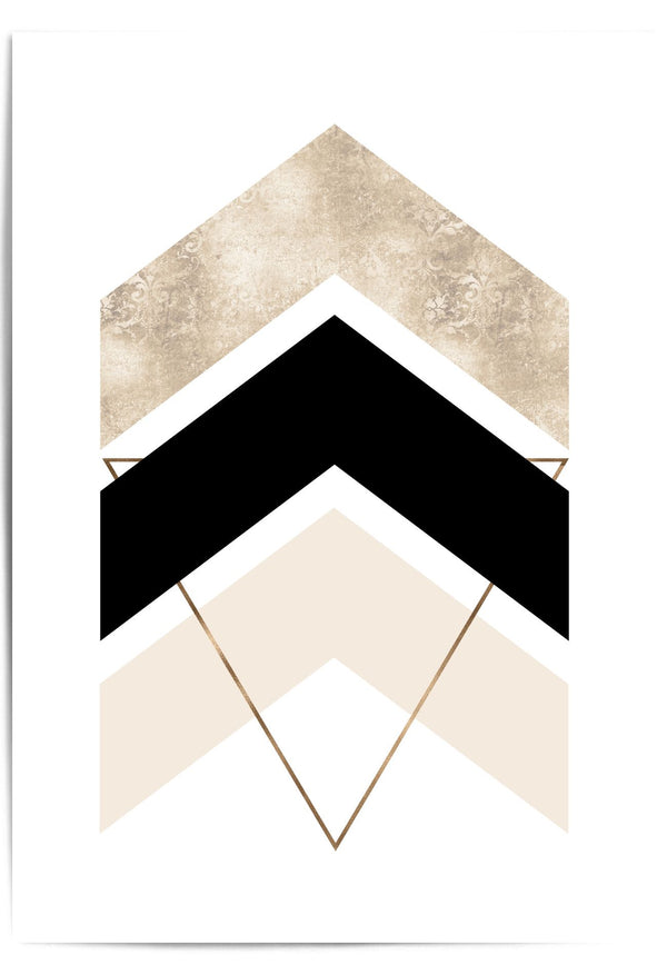 Geometric design with chevron patterns in black, gold, and beige on a white background