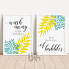 Set of 2 teal and yellow bathroom wall art prints featuring the quote “Wash away your troubles in a bath full of bubbles” – cheerful and modern decor for bathrooms, guest baths, or spa-inspired spaces.