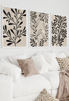 living room botanical wall art in black and beige