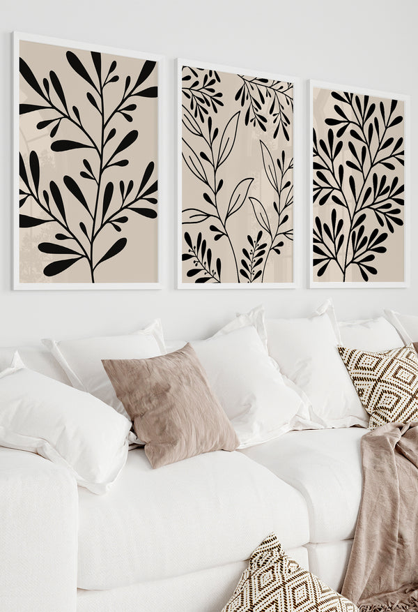 living room botanical wall art in black and beige