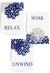 relax soak unwind blue and grey bathroom prints