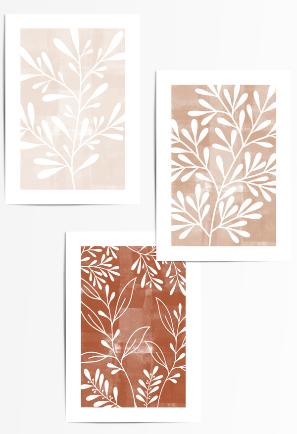 set of 3 boho terracotta leaf botanical art posters