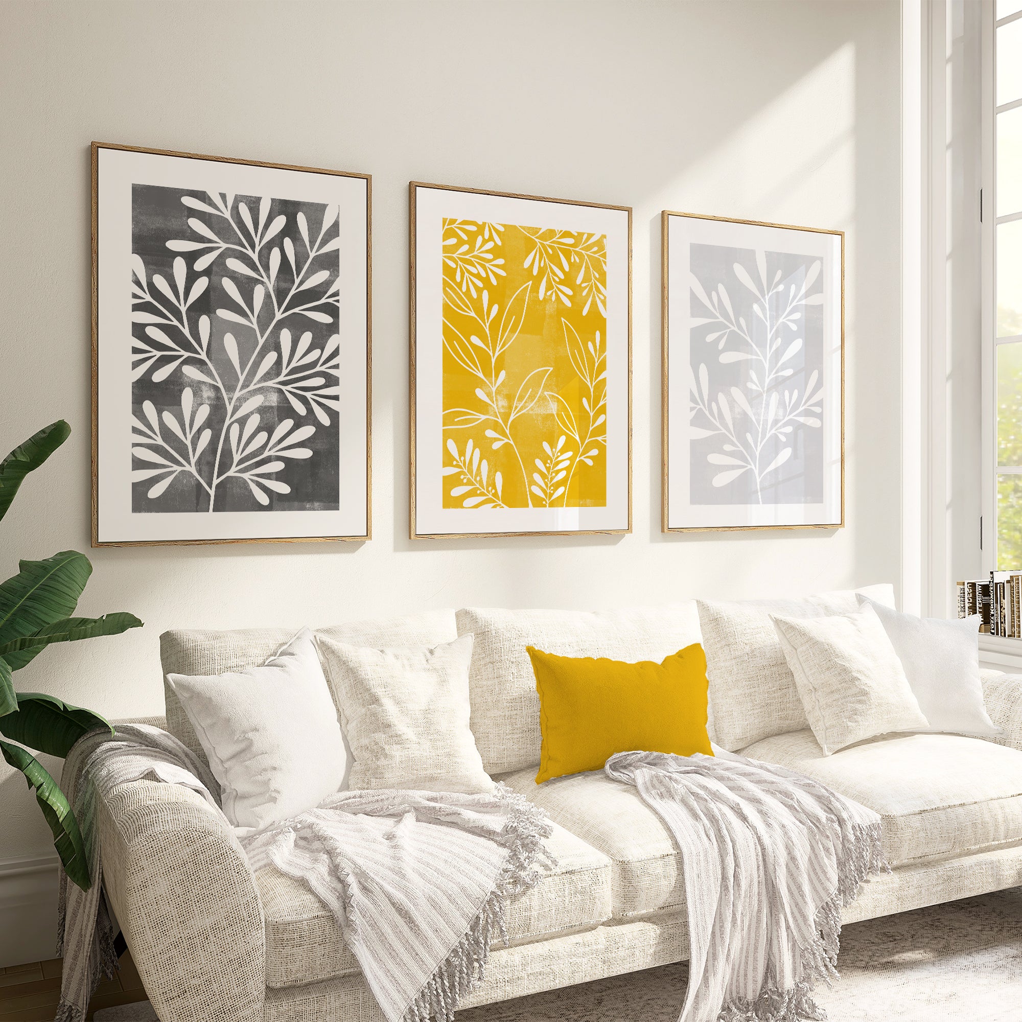 set of 3 mustard grey and leaf prints
