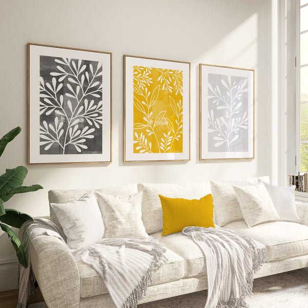 set of 3 mustard grey and leaf prints