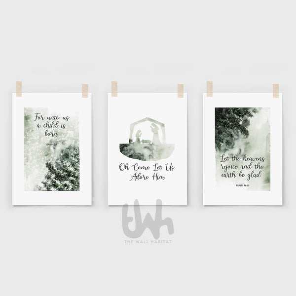 Three prints with Christmas-themed watercolour wall art