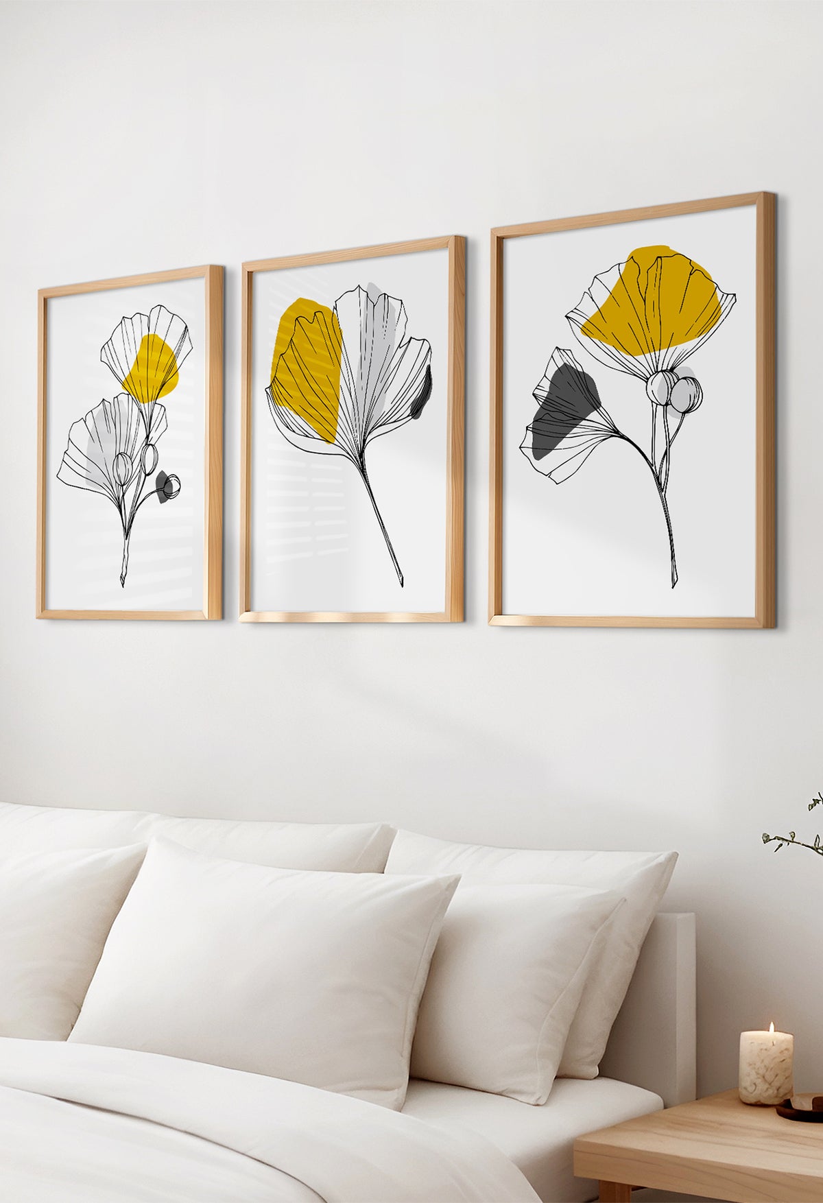 set of 3 mustard yellow wall art leaf prints