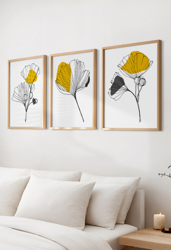 set of 3 mustard yellow wall art leaf prints