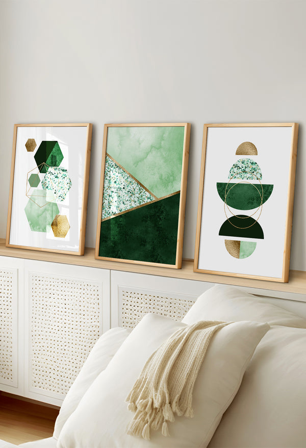 3pc green and gold geometric abstract wall art