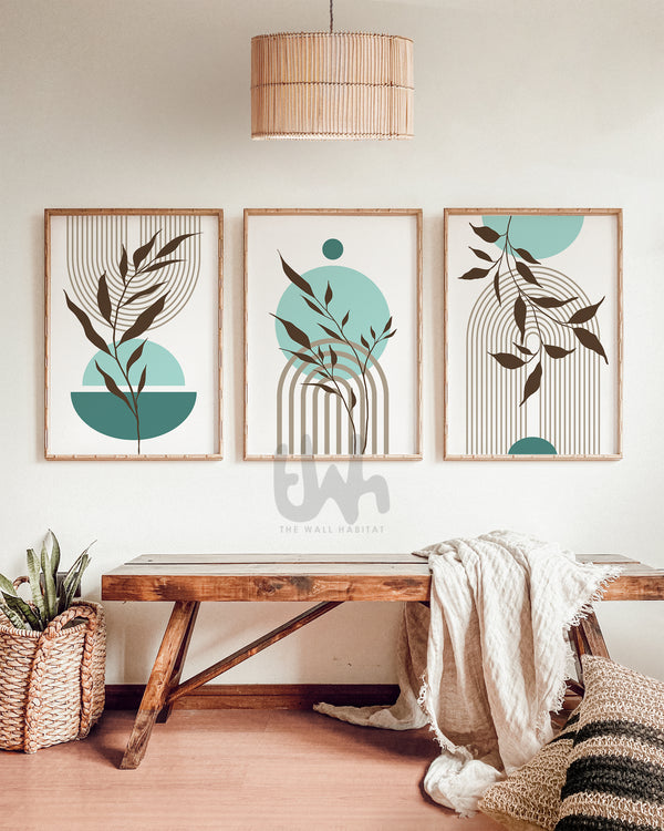 set of 3 teal and light brown mid century decor