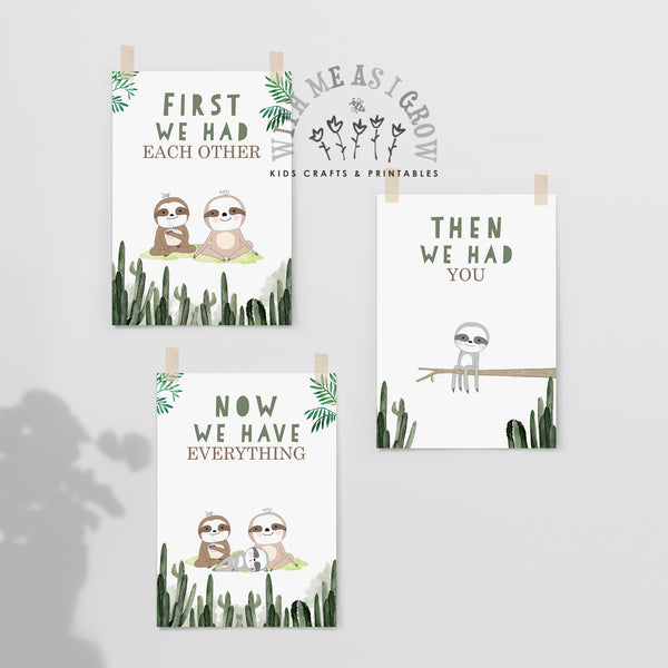 Printable sloth nursery wall art set featuring jungle animals and family quote for neutral baby nursery decor.