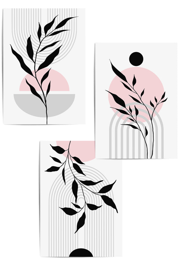 set of 3 pink and grey mid century prints