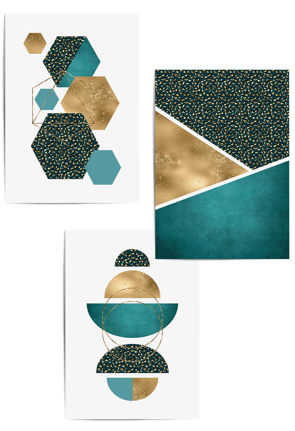 setof 3 teal and gold geometric wall art