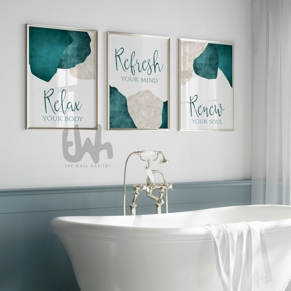 relax refresh renw teal and beige bathroom prints