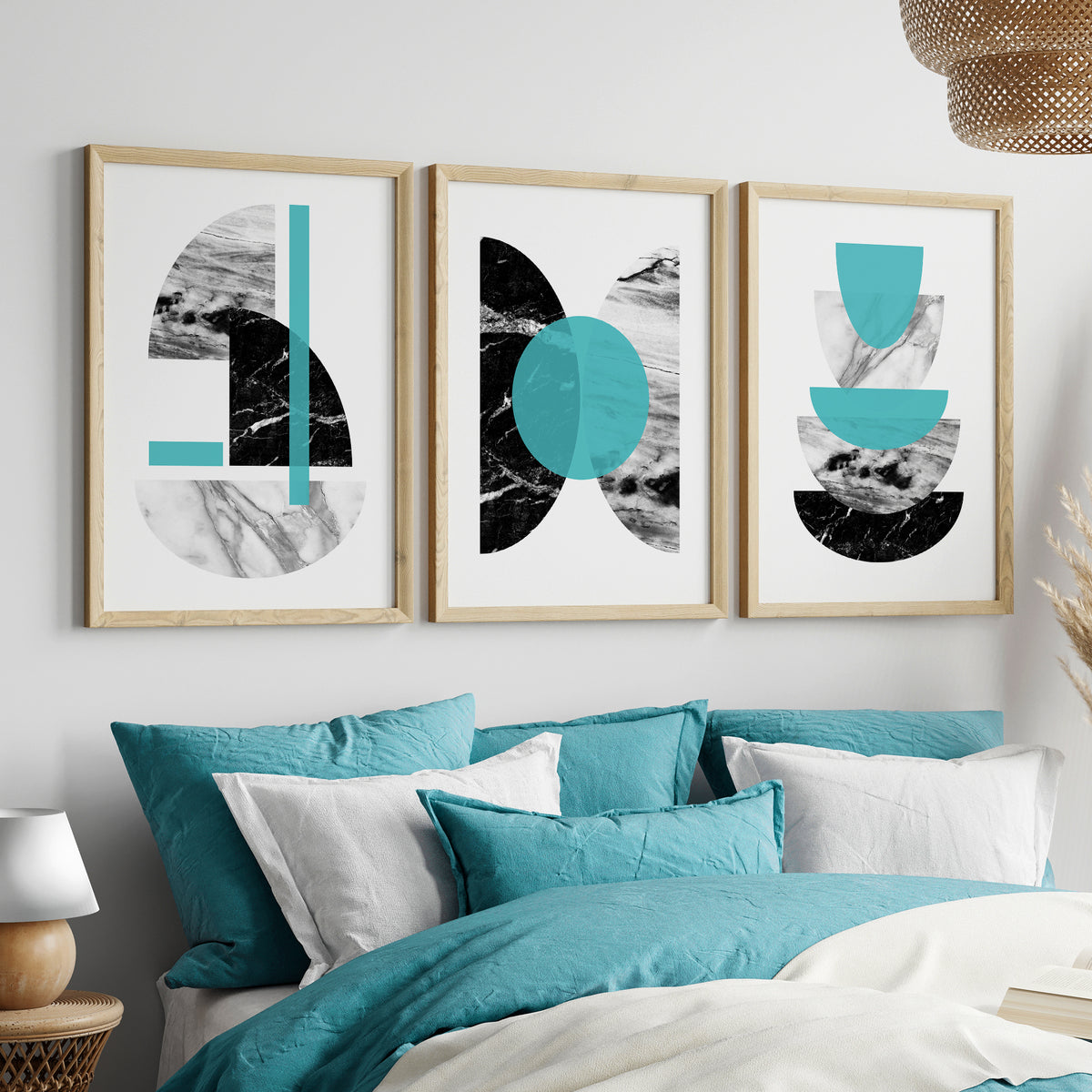 over the bed teal and black with grey geometric marble wall art