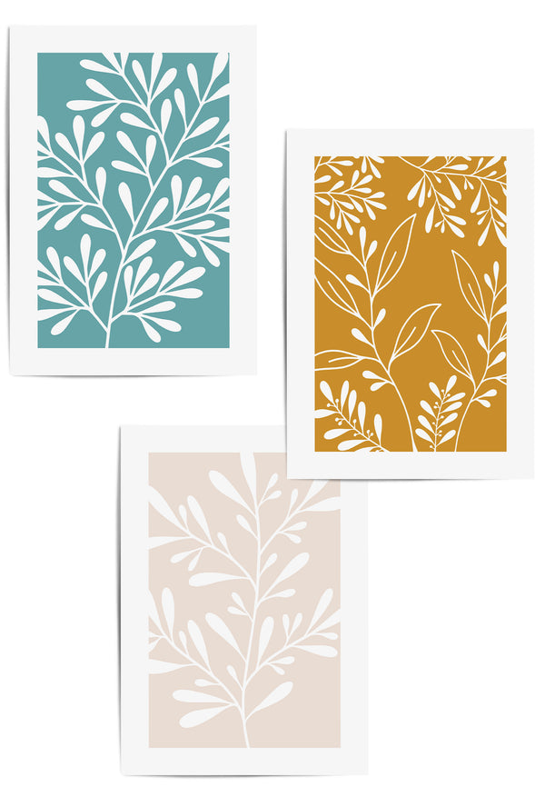 set of 3 teal mustard and beige prints