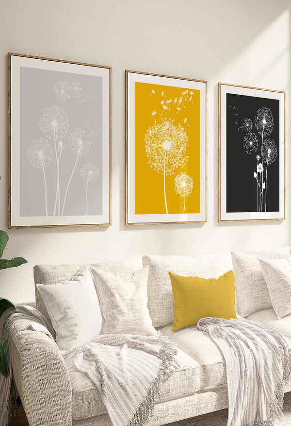 set of 3 yellow and grey dandelion print set