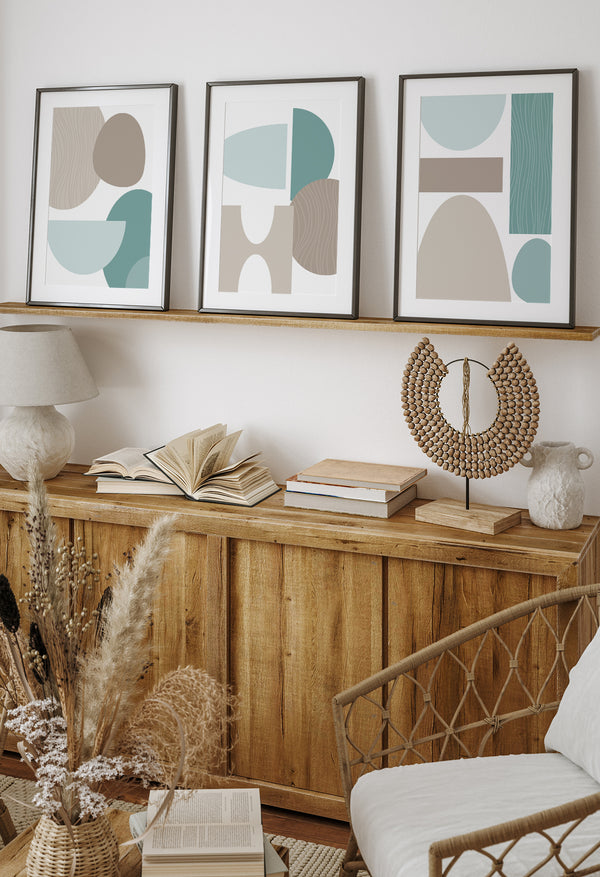 teal and beige wall art