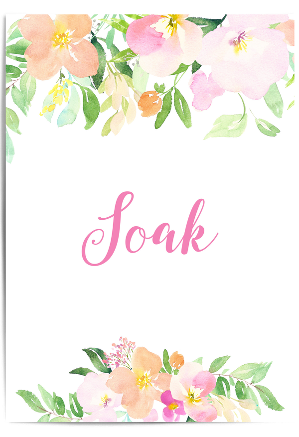 Soak pink floral bathroom wall art with botanical watercolour design