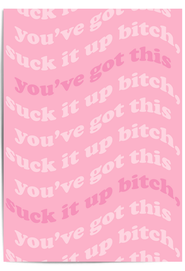 a pink motivational art print with “Suck it up bitch” and “You’ve got this” text.