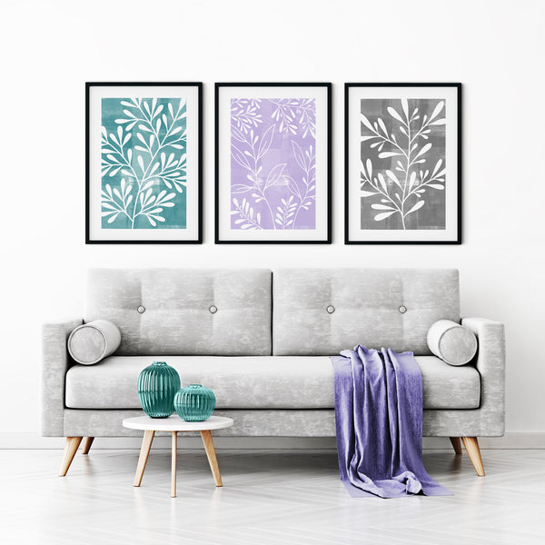 Teal, Purple and Grey Botanical Bedroom Prints