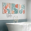 Set of 3 tropical botanical wall art prints in coral peach and teal, featuring modern leaf illustrations with a coastal and boho aesthetic – perfect for living room, bedroom, or office decor.