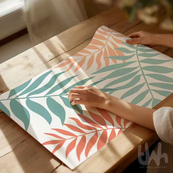 Set of 3 tropical botanical wall art prints in coral peach and teal, featuring modern leaf illustrations with a coastal and boho aesthetic – perfect for living room, bedroom, or office decor.