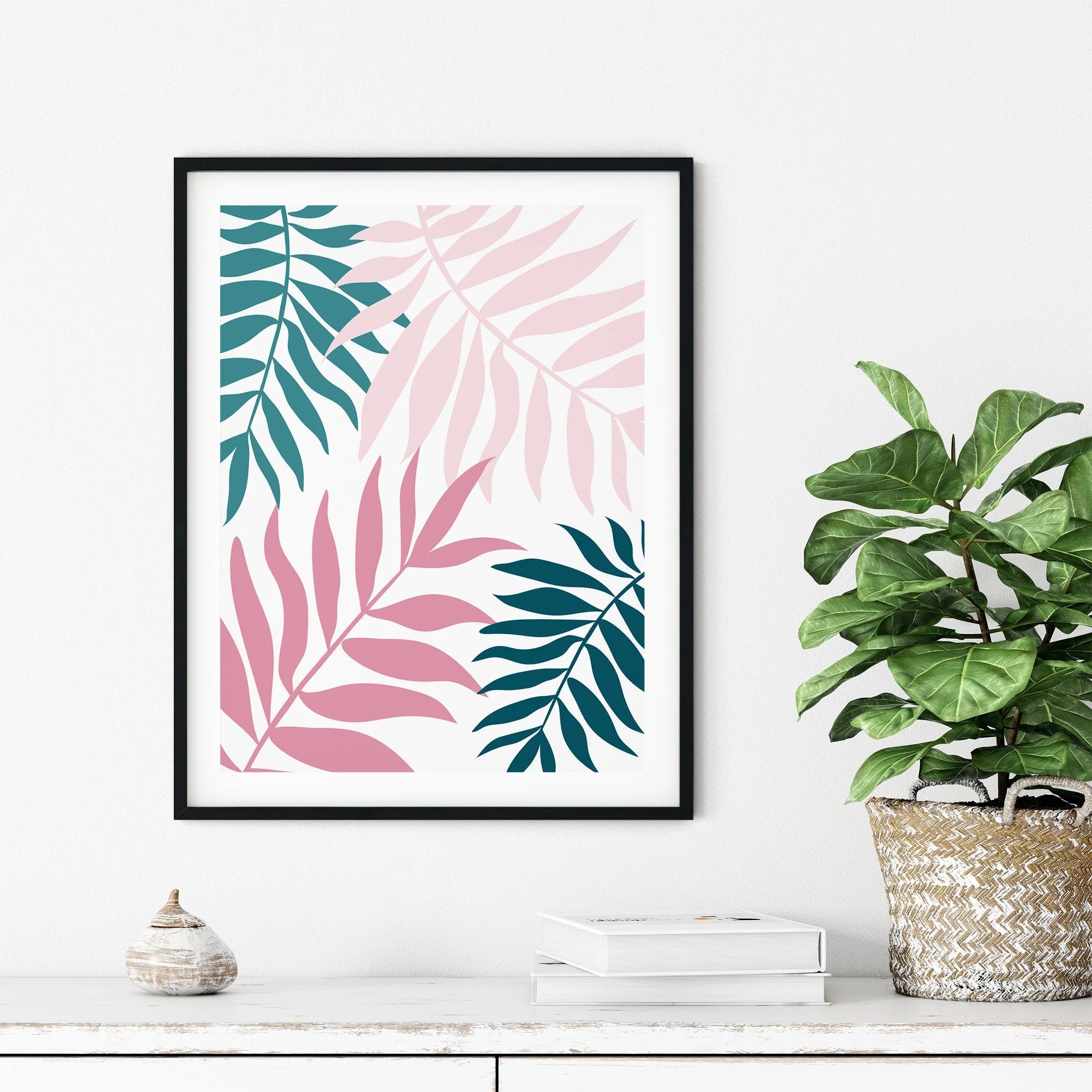 pink teal leaf prints