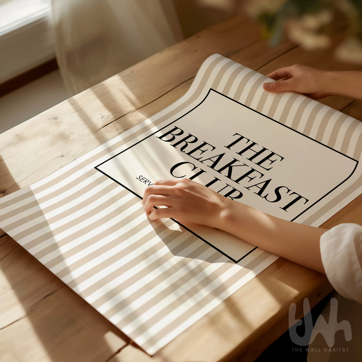 Striped beige black with 'The Breakfast Club' kitchen art on a wooden table